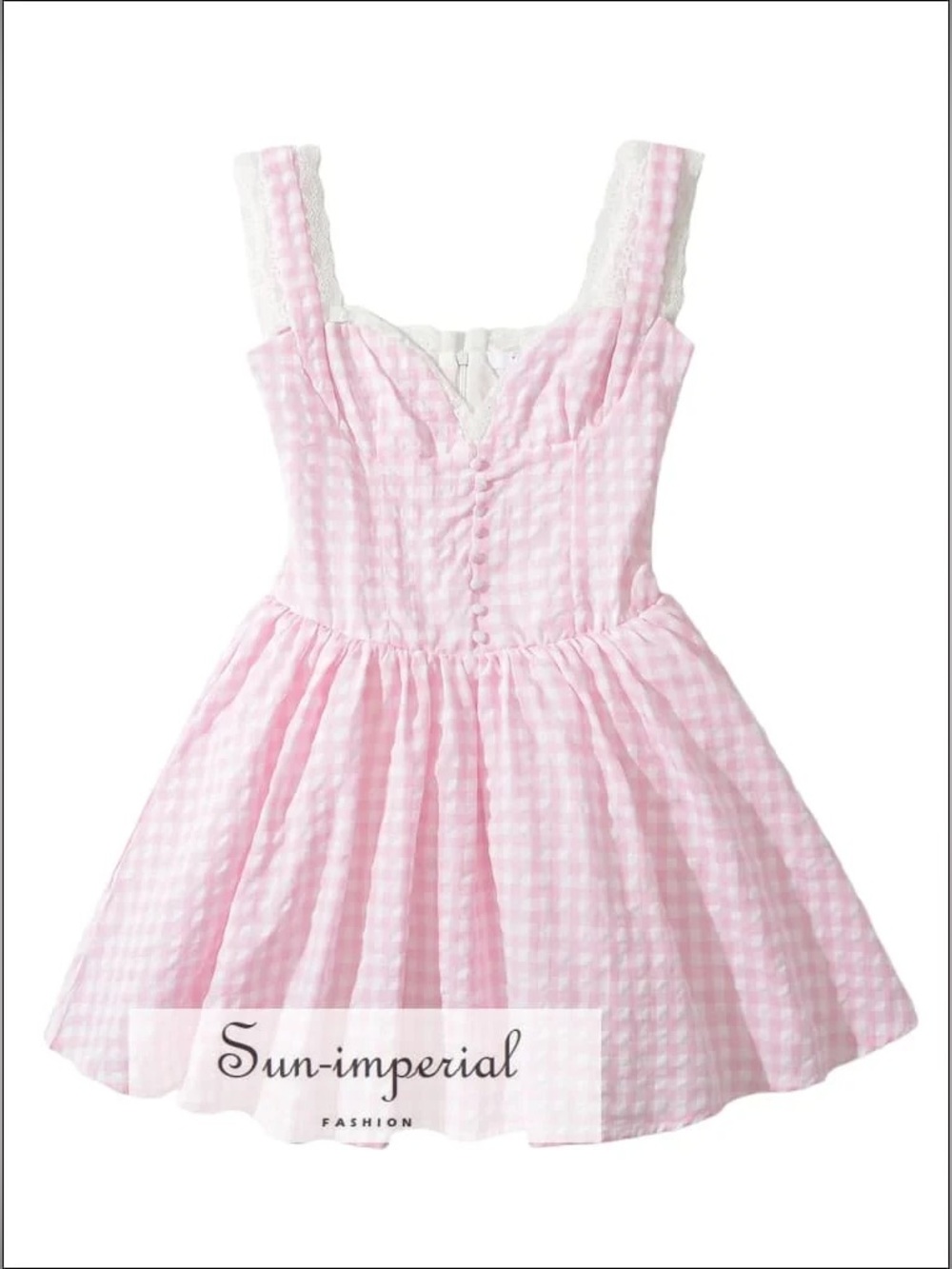 NWOT Unique Vintage Pink Gingham Lace Trim Mini Dress Size XL - Picture 4 of 16
